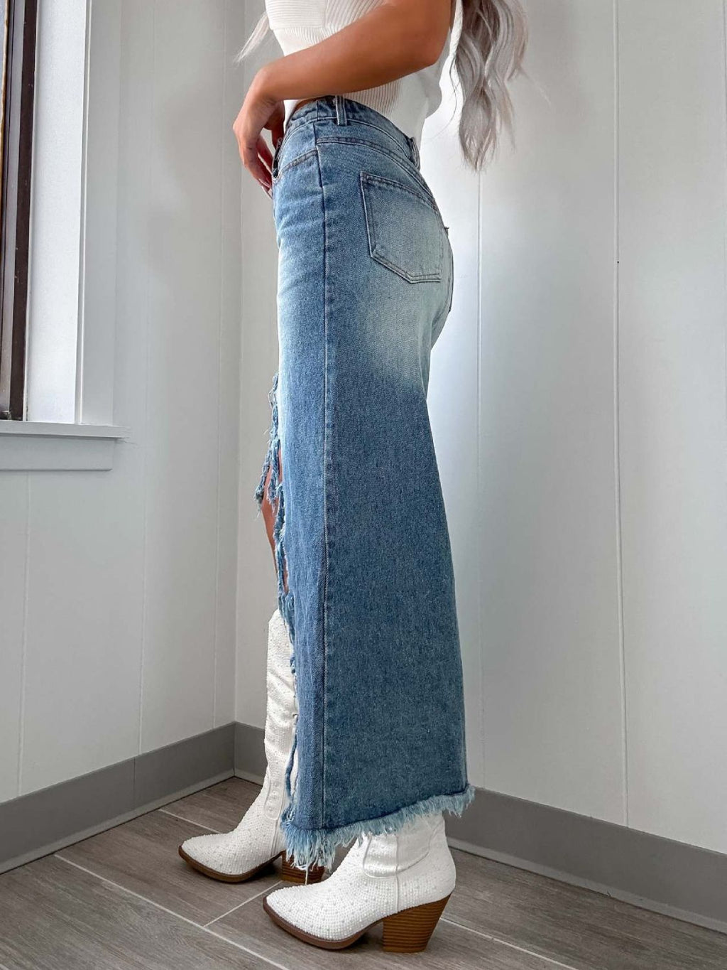 High-Waist Raw Hem Asymmetry Denim Skirt