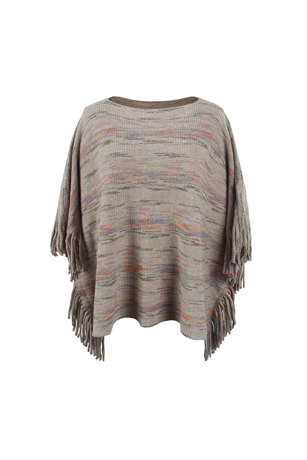 Round Neck Fringe Detail Sleeve Poncho - felvior