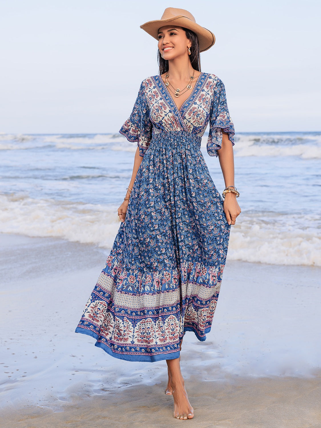 Ruched Printed Flounce Sleeve Midi Dress - felvior
