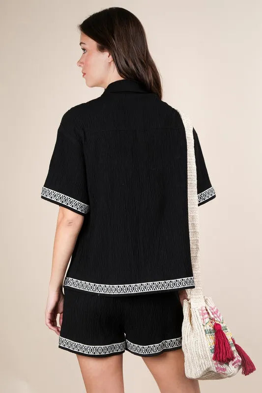 VERY J Crinkled Woven Shirt Top & Shorts Set