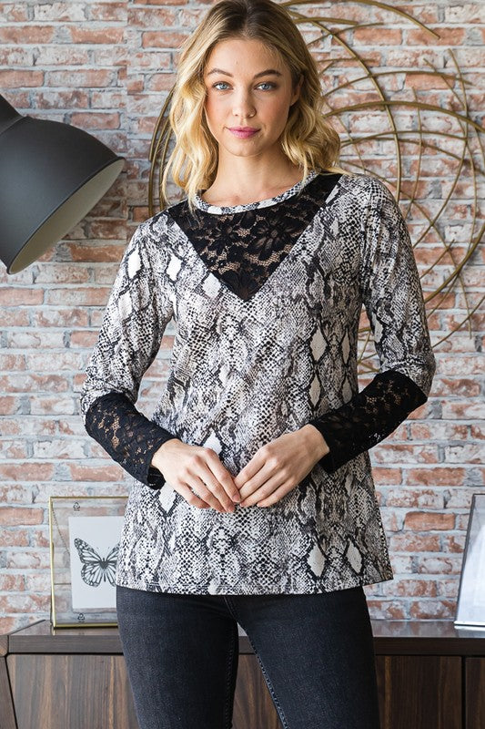 Heimish Full Size Snakeskin Print Round Neck Lace Contrast Top - felvior