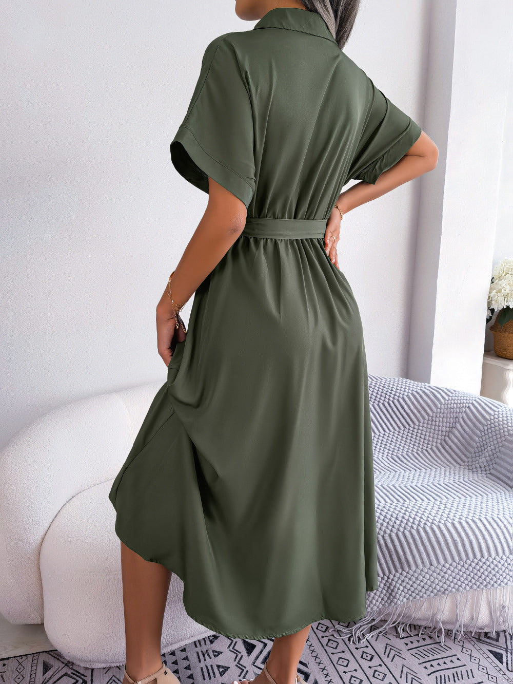 Short Sleeve Collared Tie Belt Dress - felvior