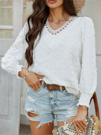 Devine Swiss Dot Lace Detail V-Neck Long Sleeve Blouse