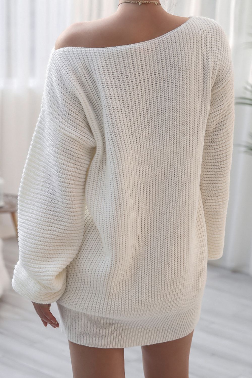 Boat Neck Long Sleeve Mini Sweater Dress - felvior