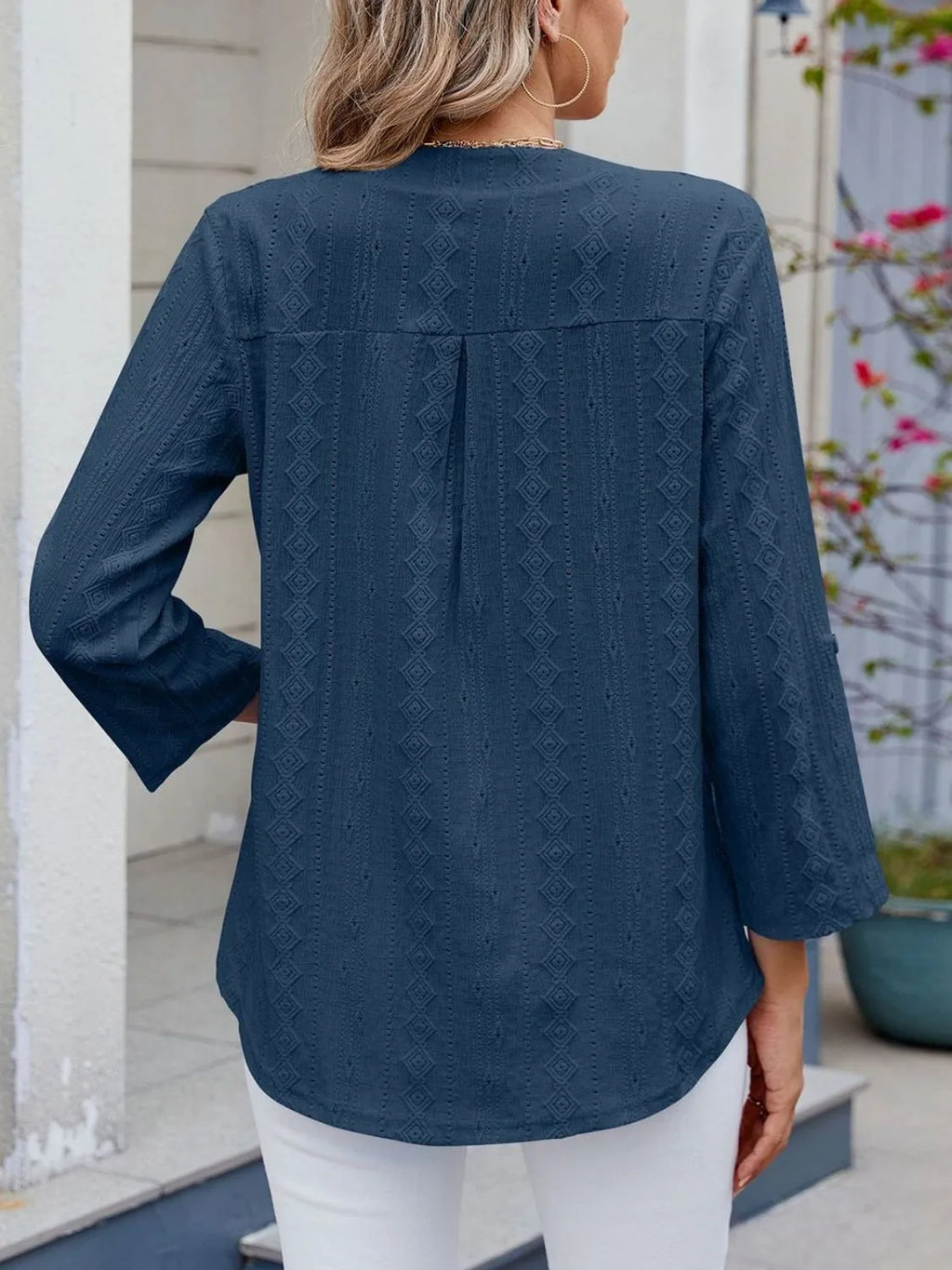 Eyelet Notched Roll-Tab Sleeve Top