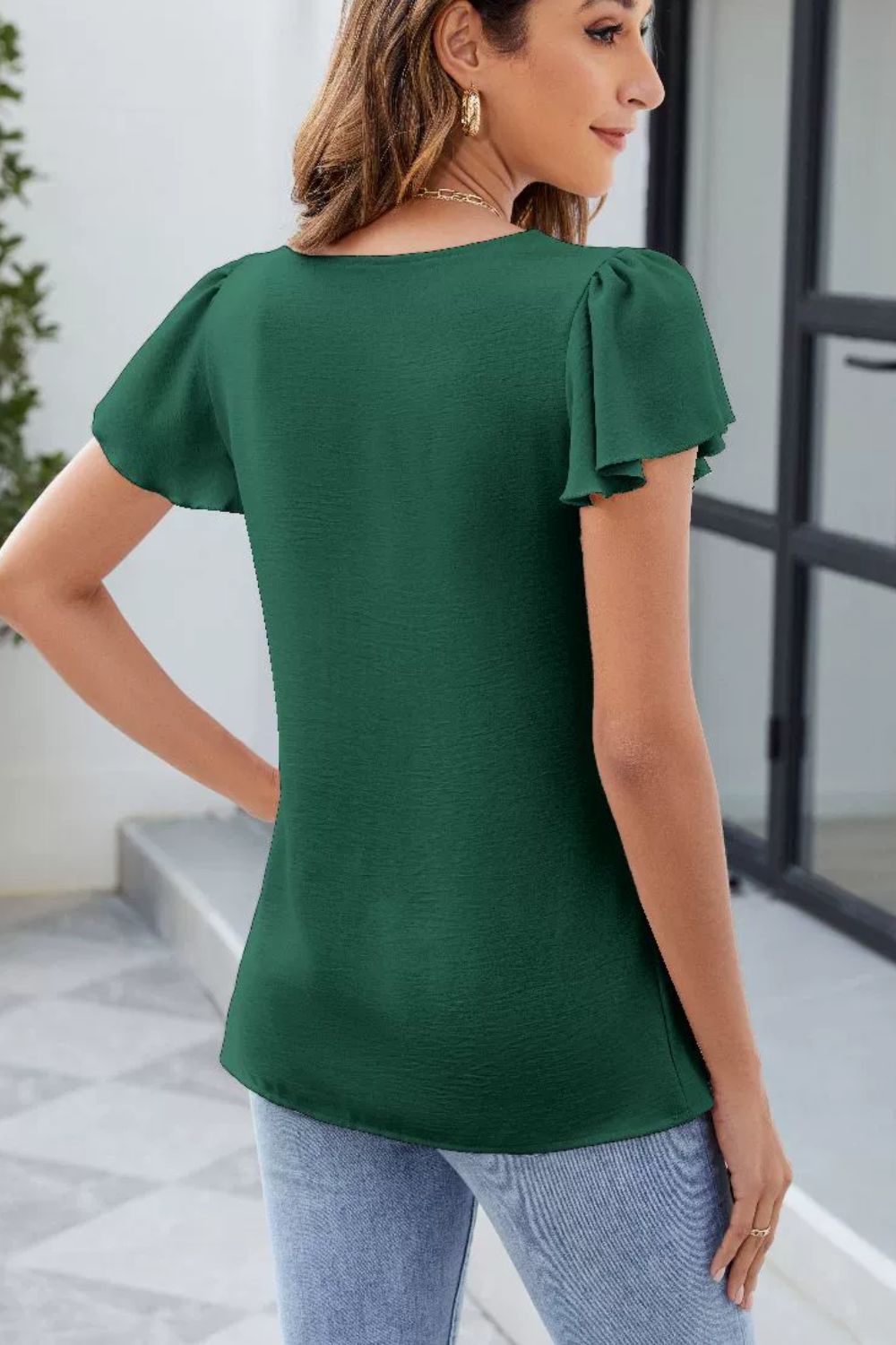 Frill Square Neck Flutter Sleeve Blouse