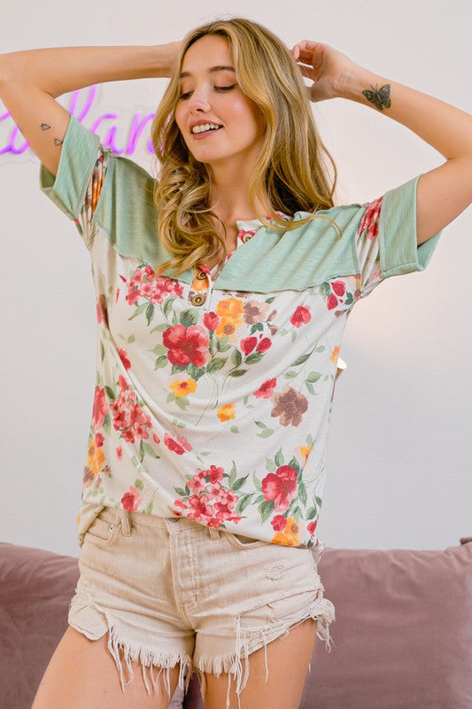 BiBi Floral Button Detail Round Neck Short Sleeve Terry T-Shirt