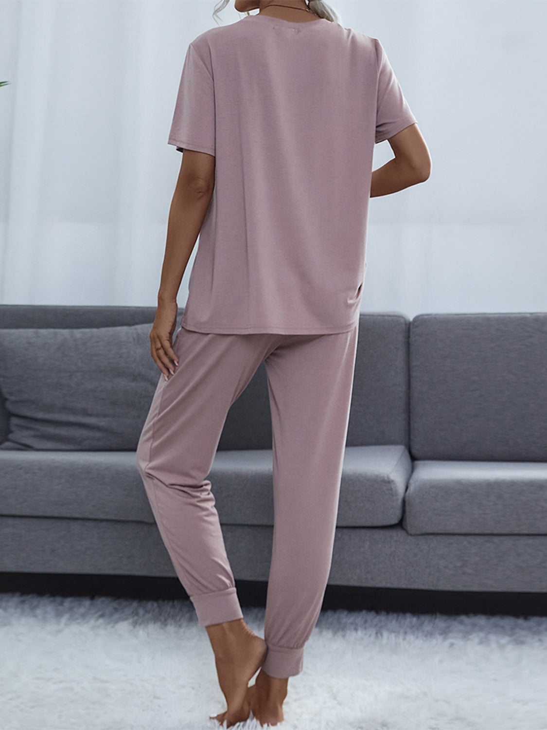 Shiny Round Neck Short Sleeve Top and Pants Set - felvior