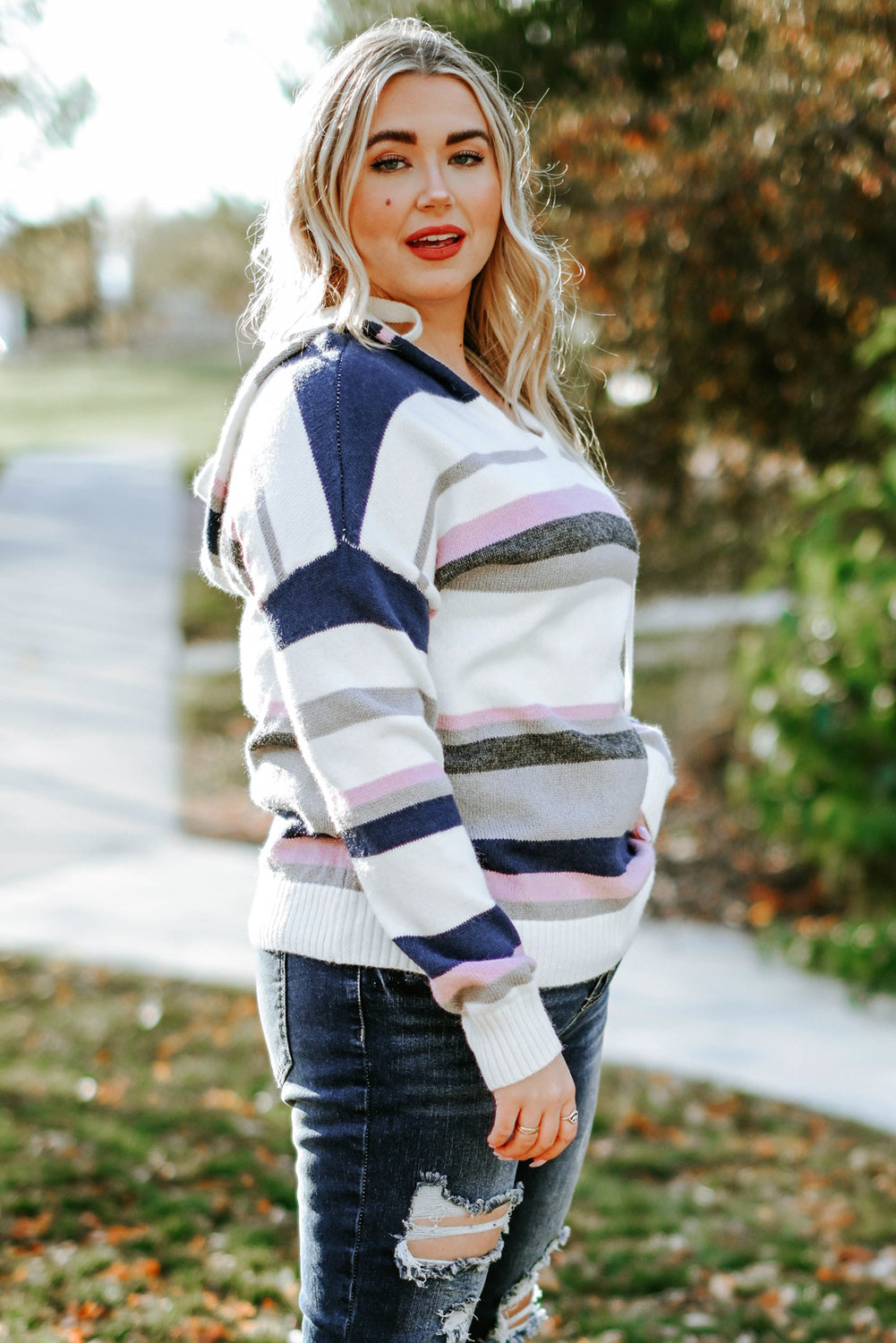 Plus Size Striped Long Sleeve Hooded Sweater - felvior