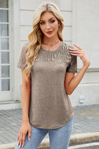 Smocked Round Neck Short Sleeve T-Shirt