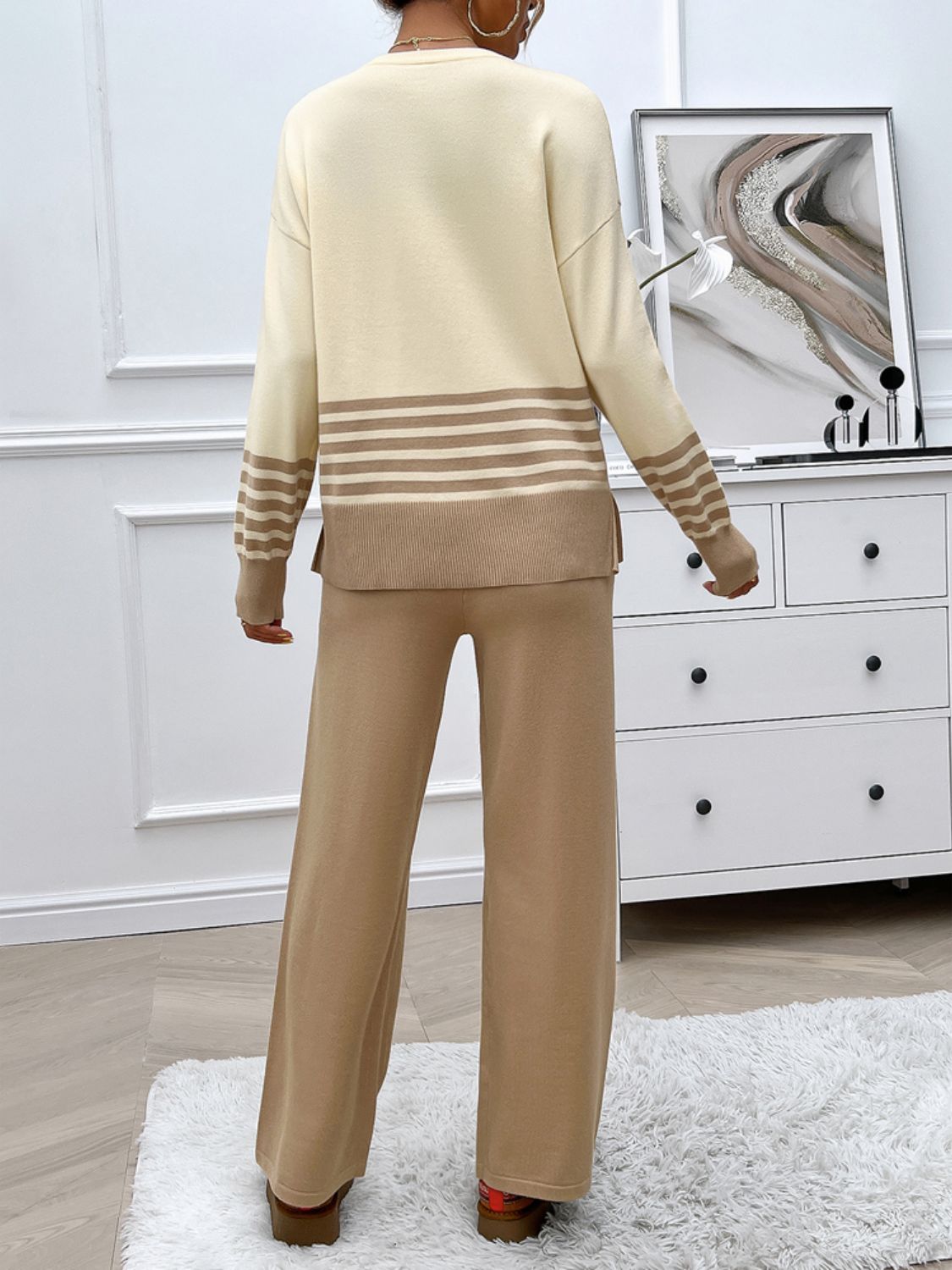 Devine Slit Striped Round Neck Top and Pants Sweater Set - felvior