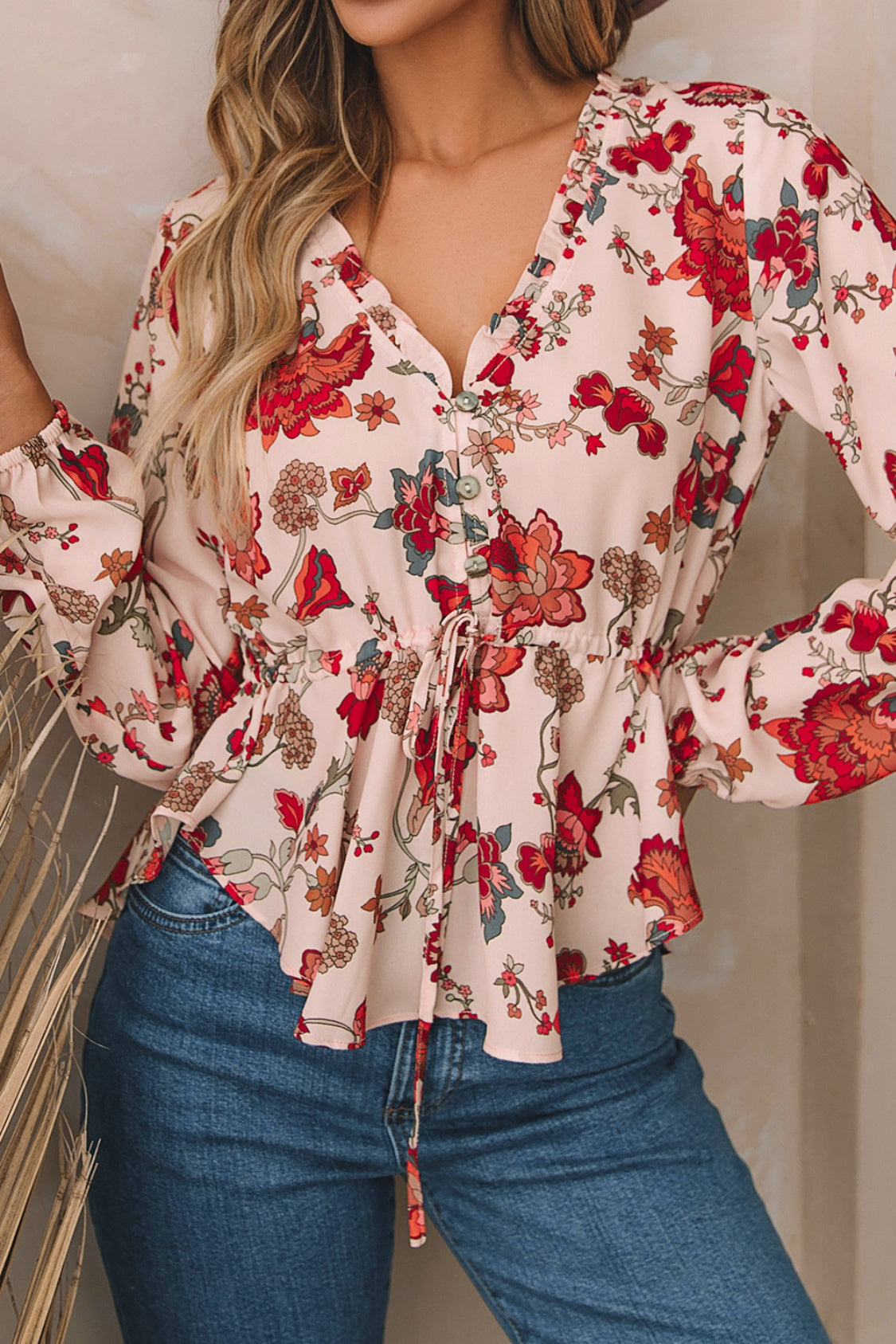 Floral V-Neck Drawstring Peplum Blouse - felvior