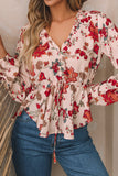 Floral V-Neck Drawstring Peplum Blouse - felvior