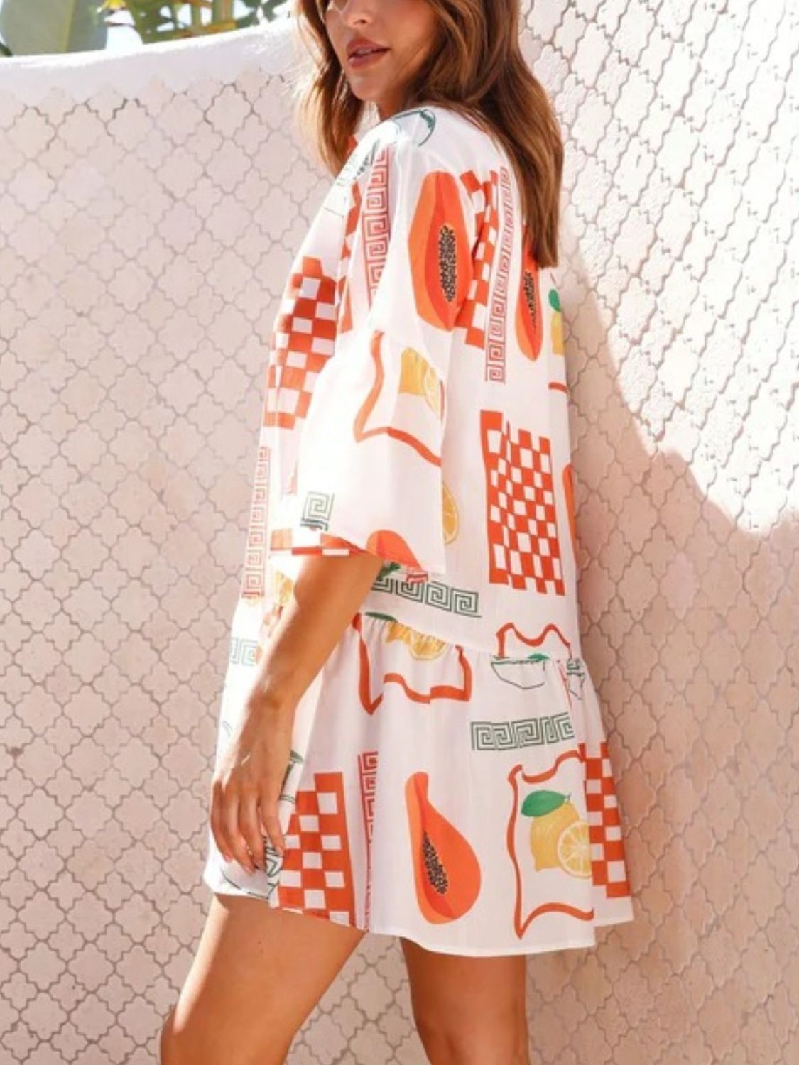 Printed Three-Quarter Sleeve Mini Dress - felvior