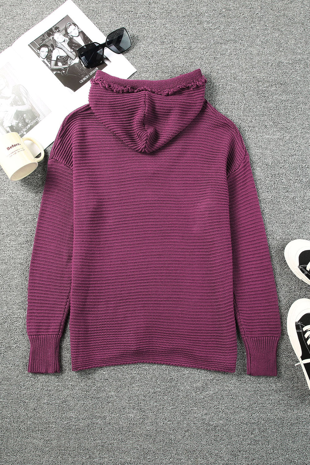 Woven Right Horizontal Ribbing Fringe Trim Hooded Sweater - felvior