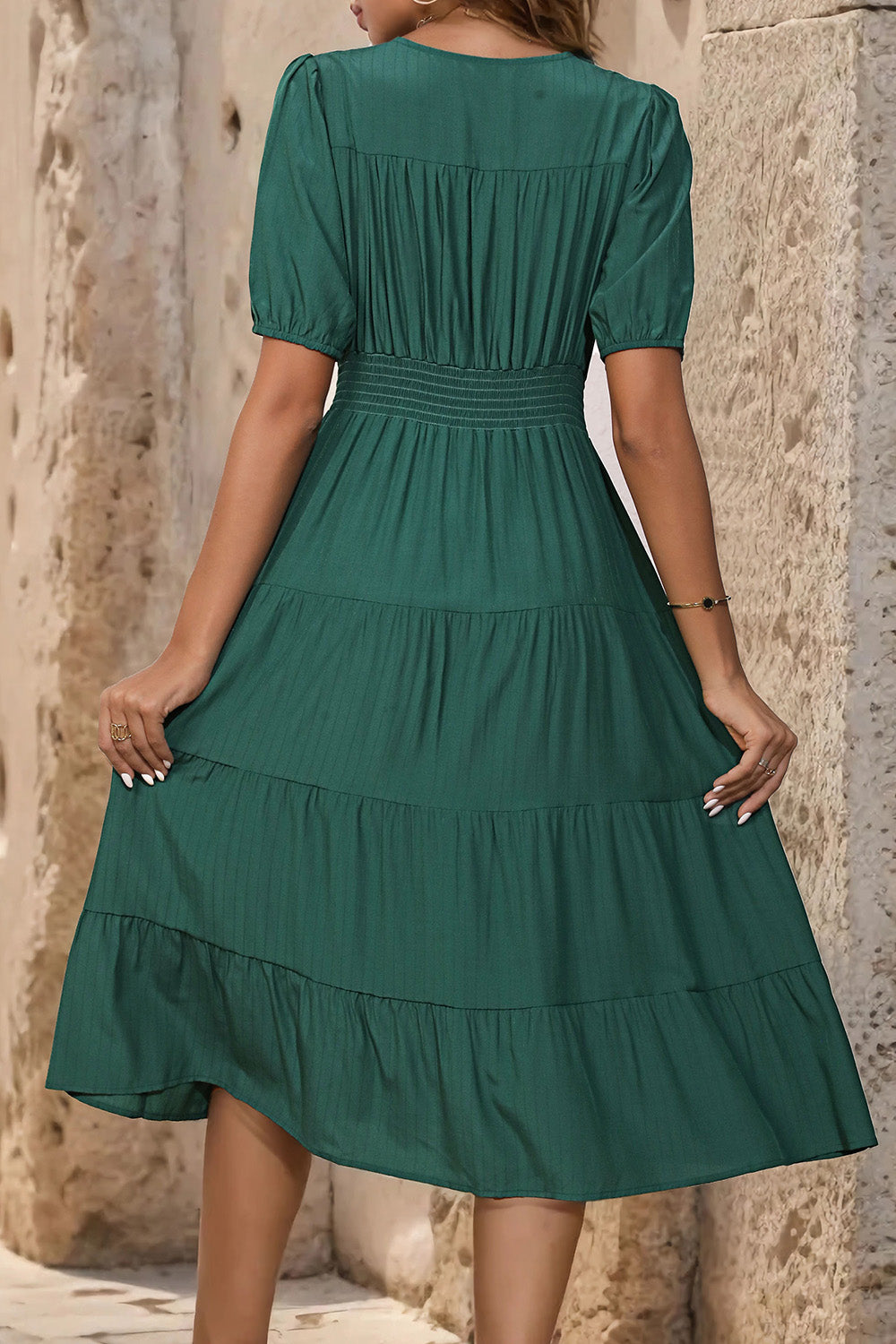 Perfee V-Neck Button Up Balloon Sleeve Midi Dress - felvior