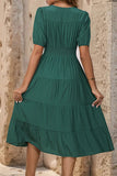 Perfee V-Neck Button Up Balloon Sleeve Midi Dress - felvior
