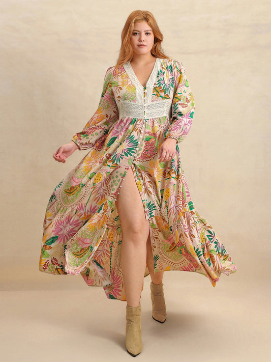 Plus Size Lace Detail Printed V-Neck Balloon Sleeve Dress - felvior
