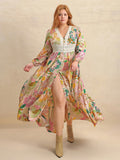 Plus Size Lace Detail Printed V-Neck Balloon Sleeve Dress - felvior