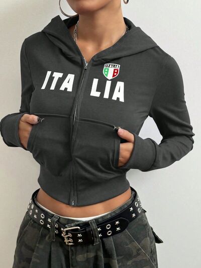 Letter Graphic Zip Up Long Sleeve Hoodie - felvior