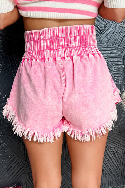 Washed Wide Smocked Waistband Frayed Denim Shorts - felvior