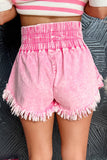 Washed Wide Smocked Waistband Frayed Denim Shorts - felvior
