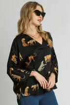 Umgee Full Size High-Low Satin Animal Print V-Neck Blouse Plus Size
