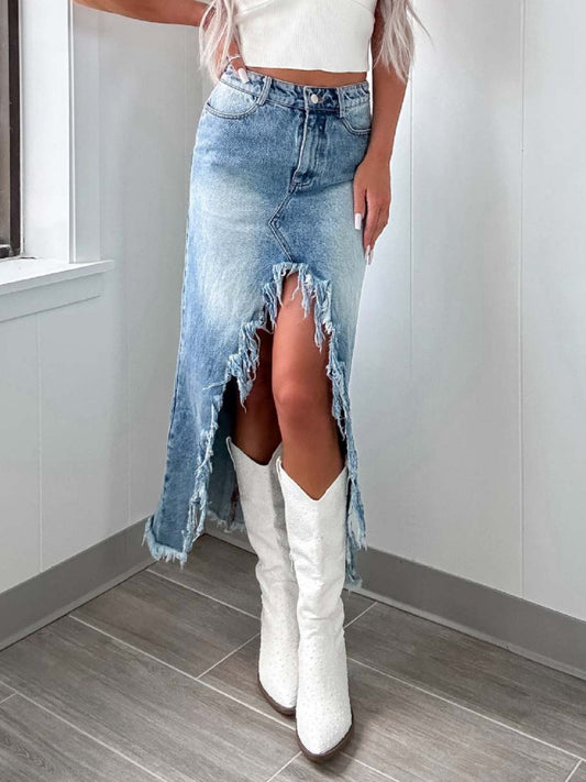 High-Waist Raw Hem Asymmetry Denim Skirt - felvior