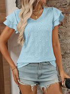 Eyelet V-Neck Ruffled Cap Sleeve Top
