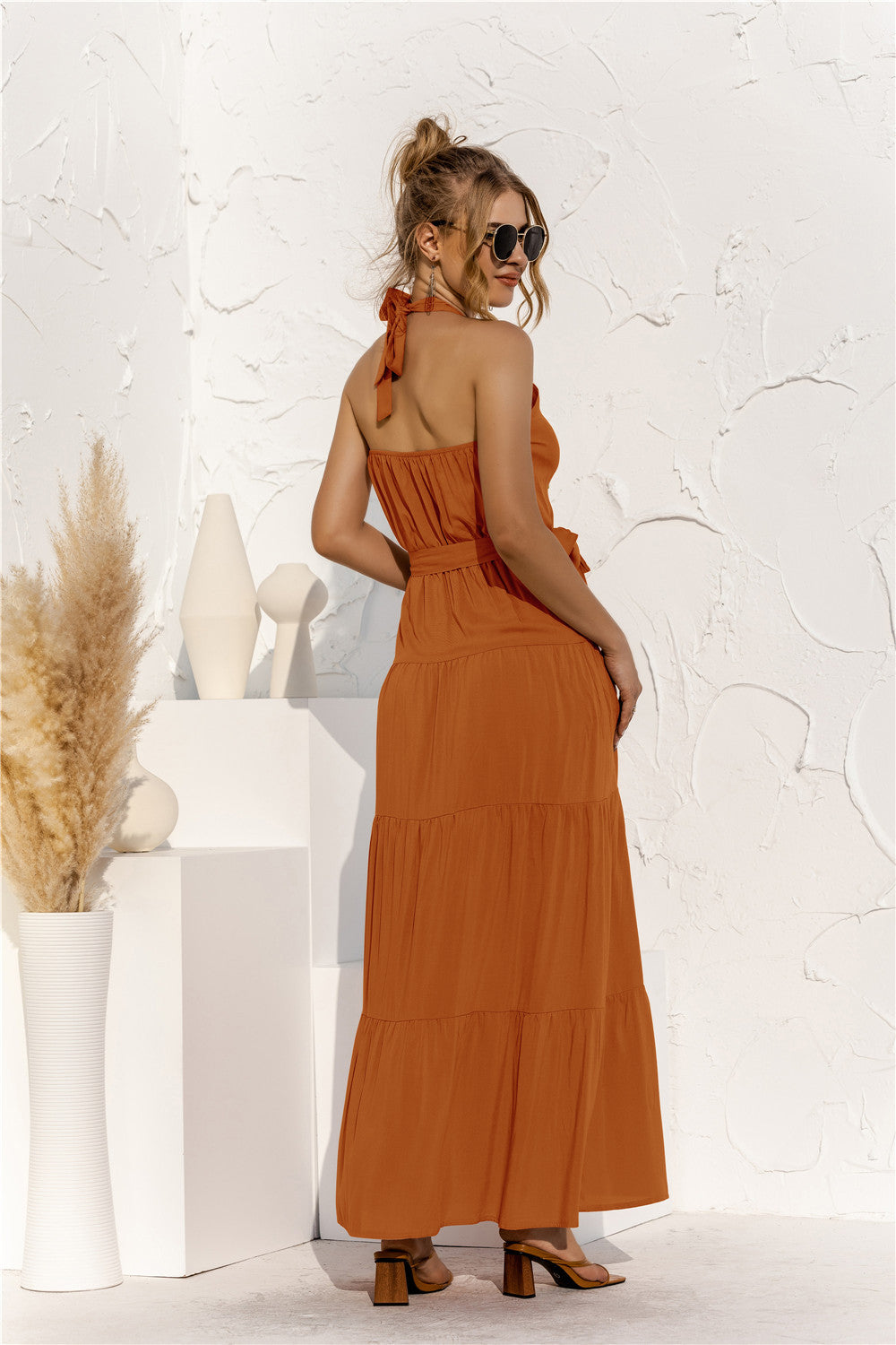 Halter Neck Tie Waist Tiered Maxi Dress - felvior