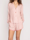 Striped Collared Neck Long Sleeve Top and Shorts Lounge Set - felvior