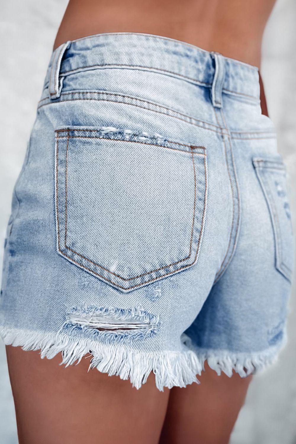 Distressed Raw Hem High Waist Denim Shorts - felvior