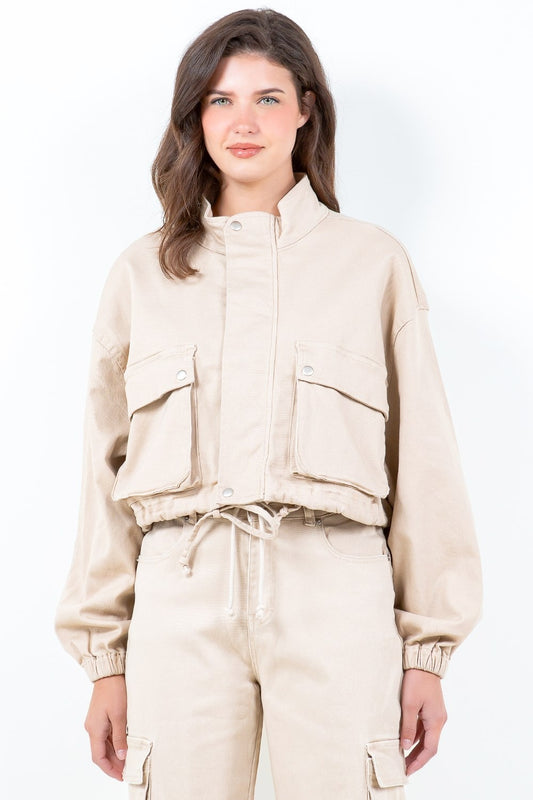 American Bazi Full Size Drawstring Hem Cargo Pocket Cropped Worker Jacket Plus Size - felvior