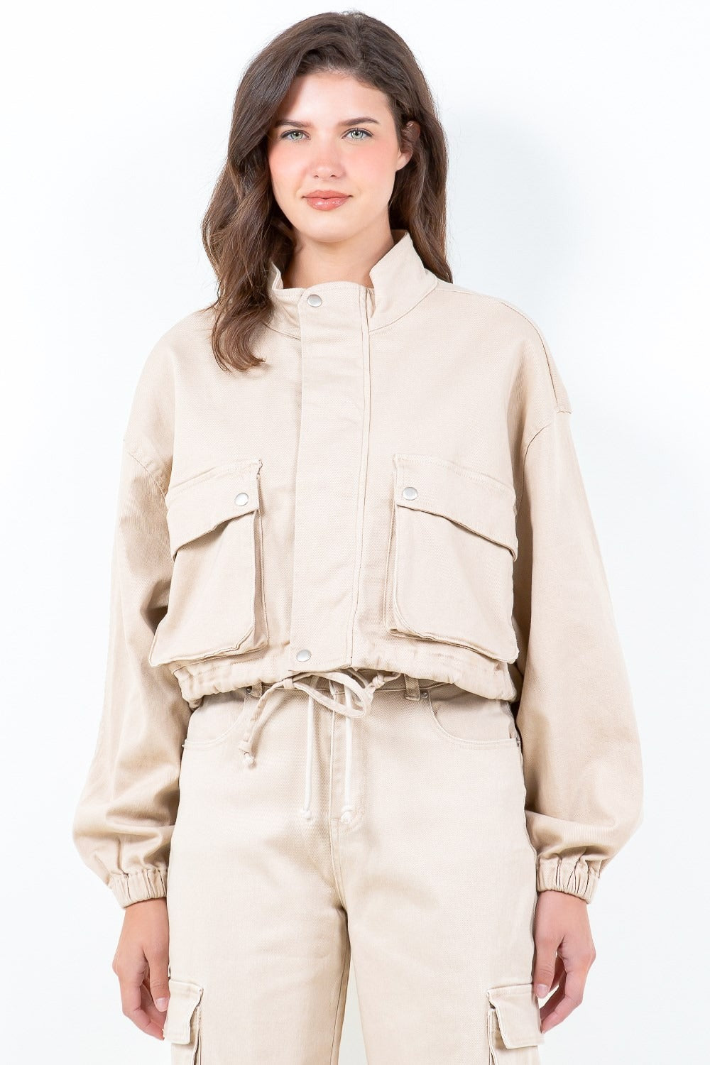 American Bazi Full Size Drawstring Hem Cargo Pocket Cropped Worker Jacket Plus Size - felvior