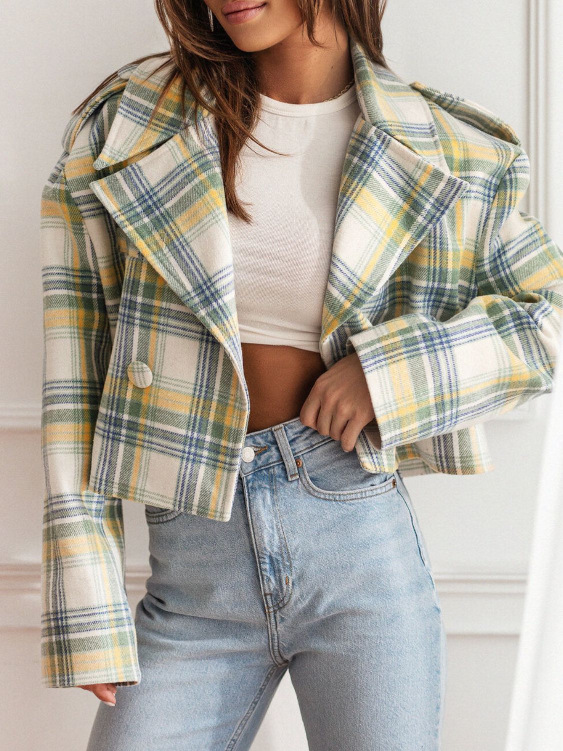 Lapel Collar Plaid Cropped Jacket