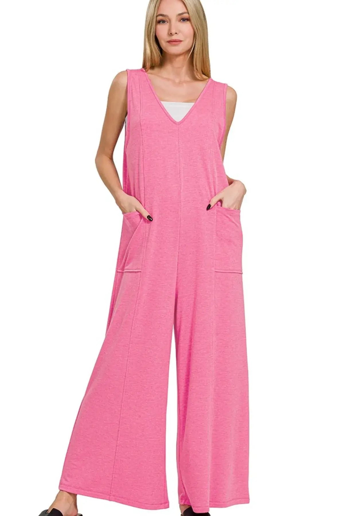 Zenana French Terry Deep V Neck Jumpsuits Image principale du produit