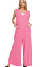 Zenana French Terry Deep V Neck Jumpsuits