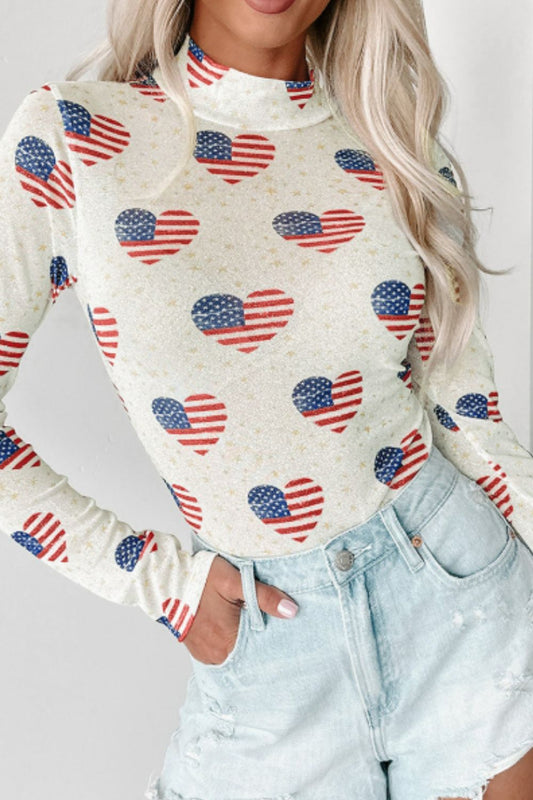 US Flag Heart Mock Neck Long Sleeve Bodysuit - felvior