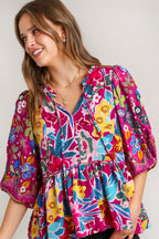 Umgee Full Size Floral Print Tie Neck Peplum Blouse Plus Size