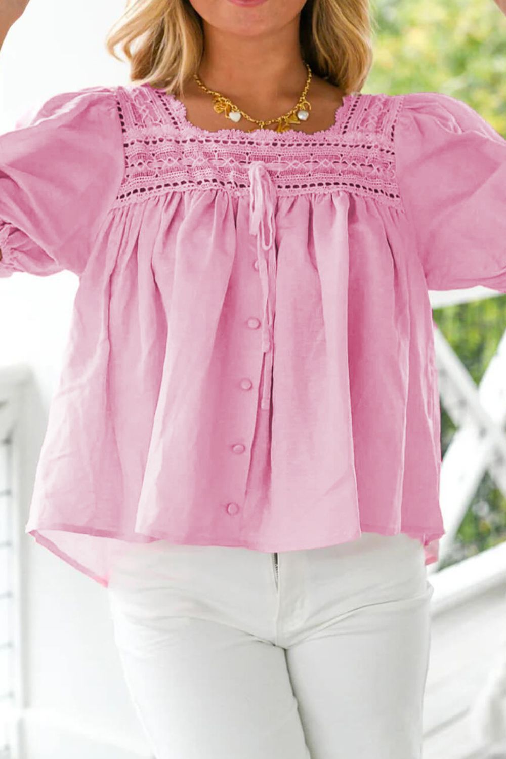 Lace Detail Square Neck Puff Sleeve Blouse