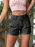Pleated Detail High Rise Denim Shorts