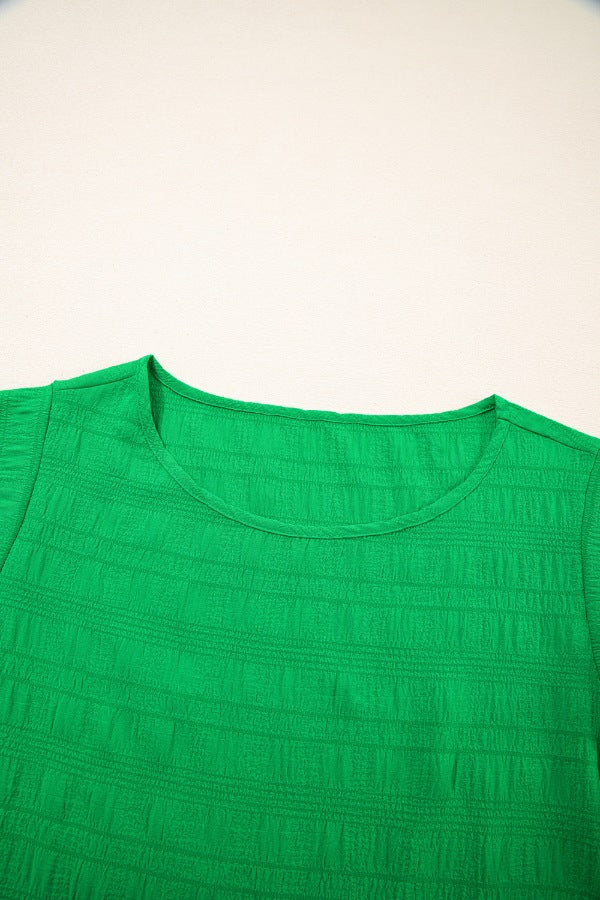 Textured Ruffled Sleeve Round Neck Top - felvior