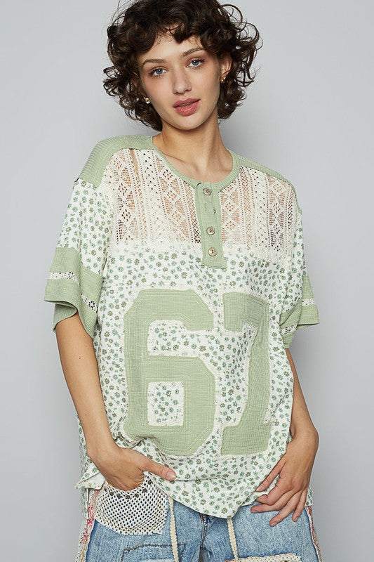 POL Number Floral Crochet Button Detail Half Sleeve Top - felvior