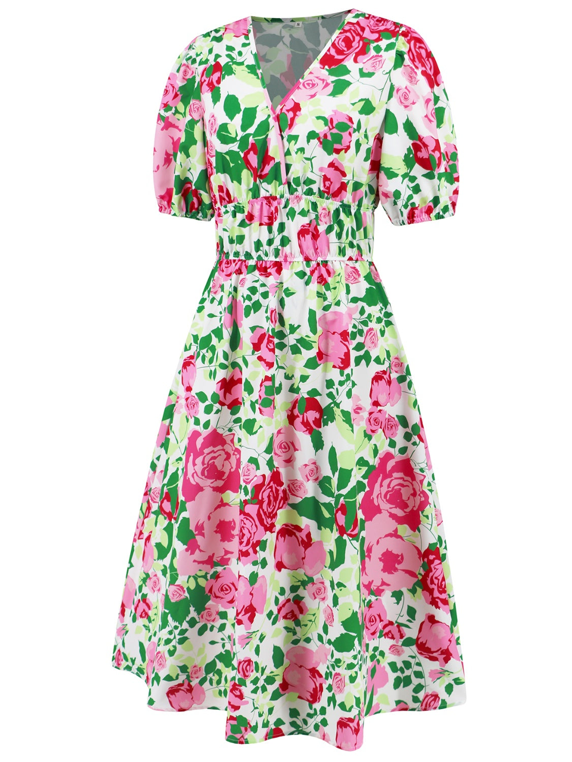 Ruched Printed Surplice Short Sleeve Dress - felvior