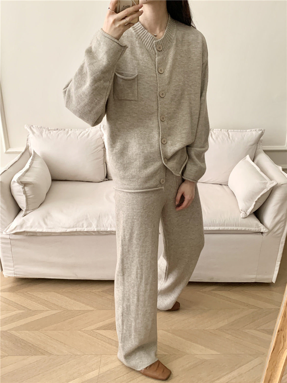 Pocketed Round Neck Button Up Cardigan and Pants Sweater Set - felvior