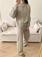 Pocketed Round Neck Button Up Cardigan and Pants Sweater Set