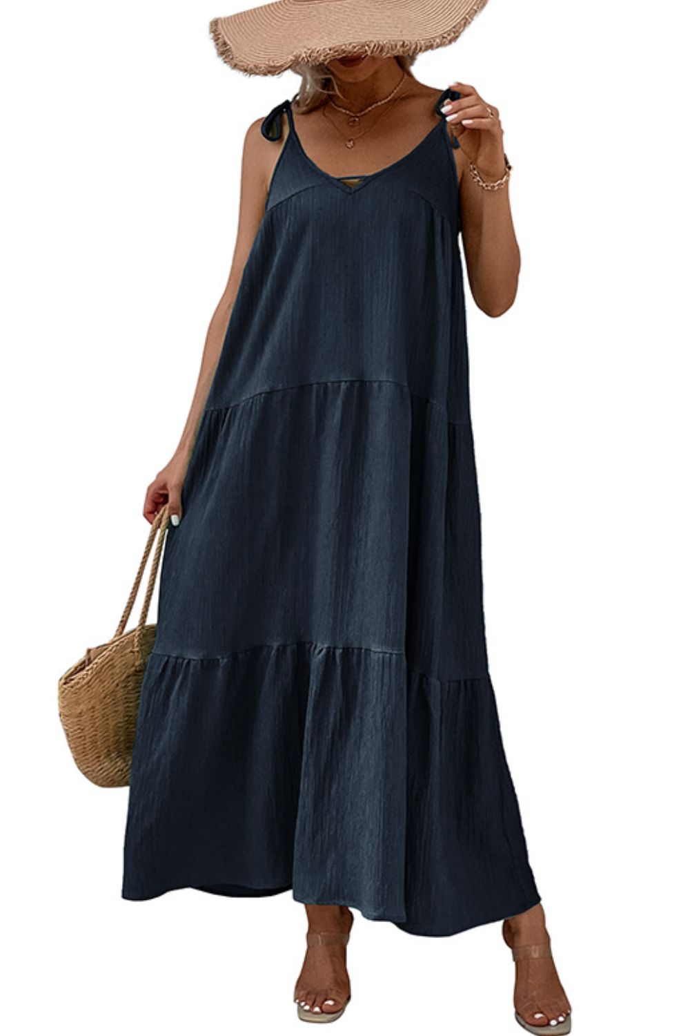 Perfee Tie-Shoulder Tiered Maxi Dress - felvior