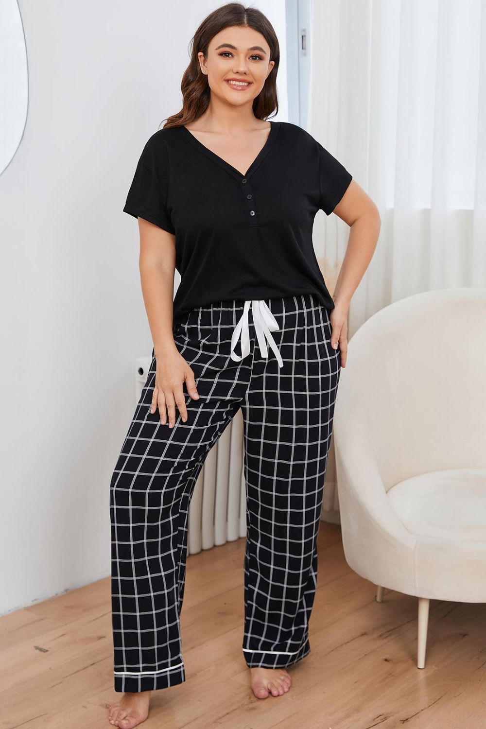 Plus Size V-Neck Top and Plaid Pants Lounge Set - felvior