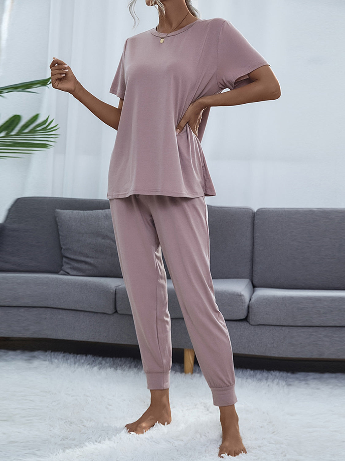 Shiny Round Neck Short Sleeve Top and Pants Set - felvior