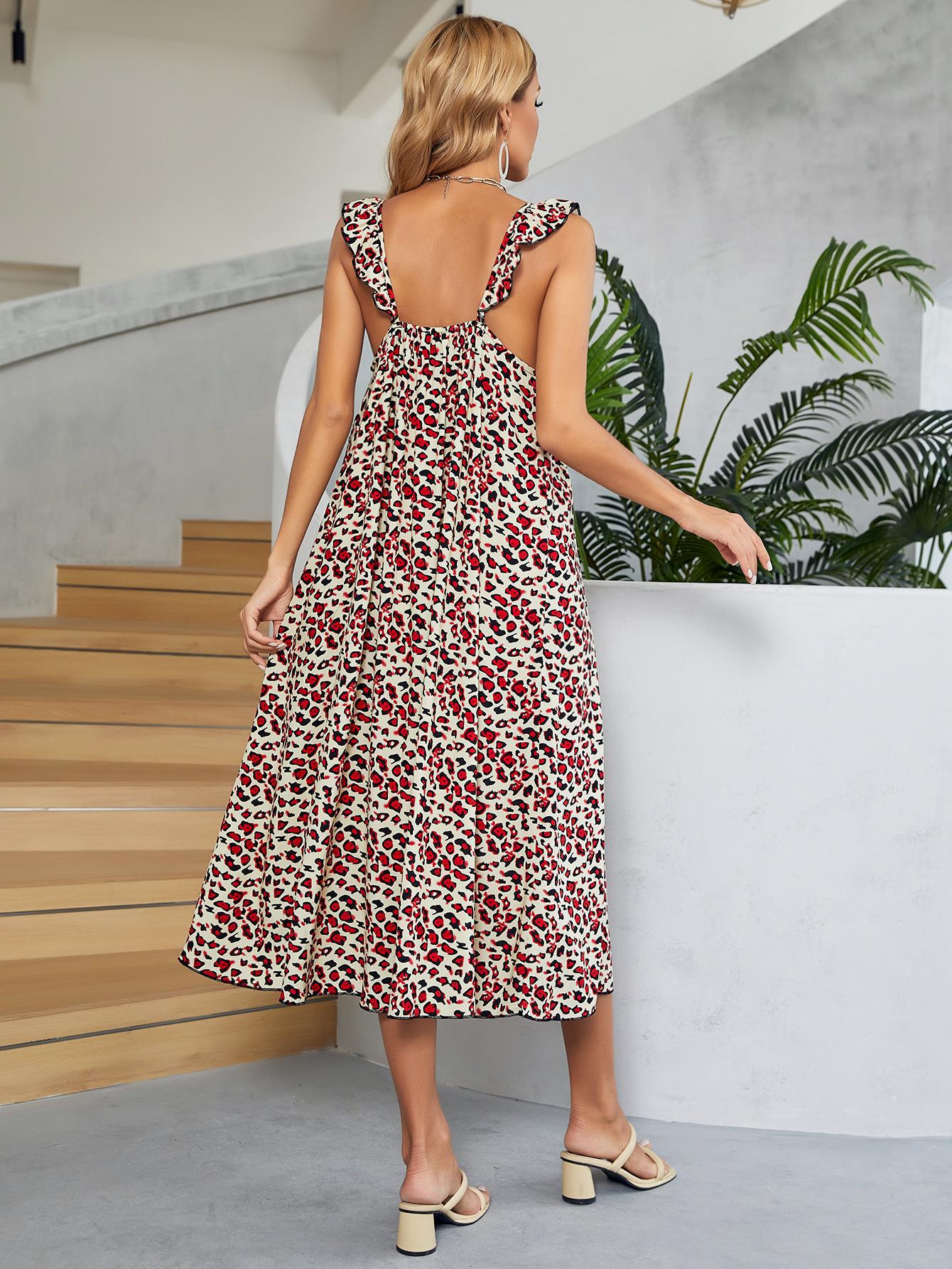 Printed Ruffled Sleeveless Midi Dress - felvior